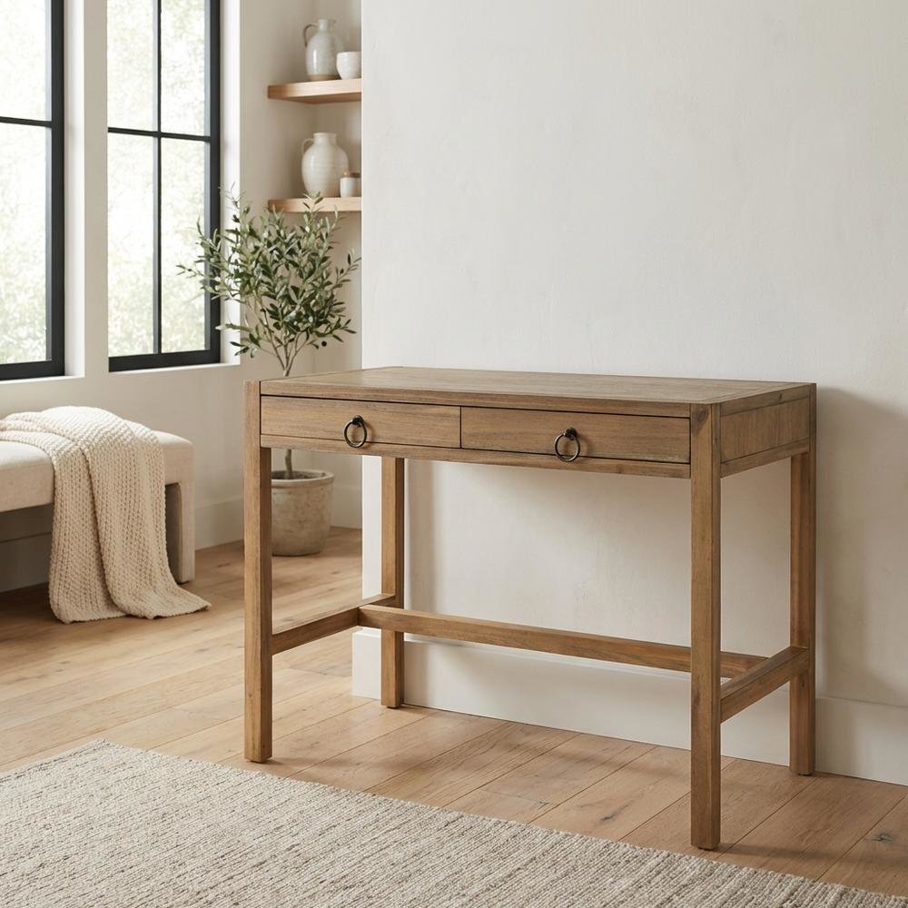 Light Brown Wooden Office Desk With 2 Drawers And Transitional Style