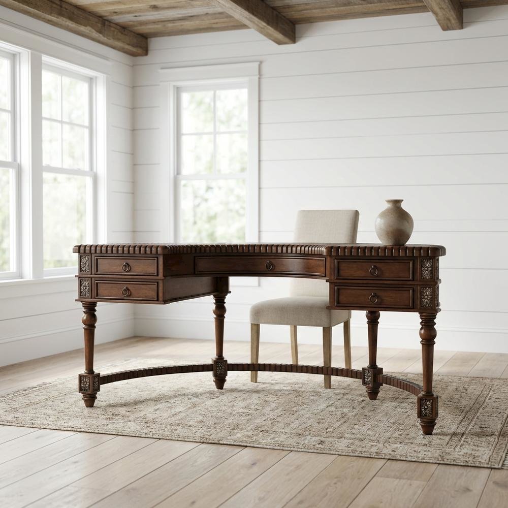 Dark Brown Office Desk With Multiple Drawers And Distressed Finish