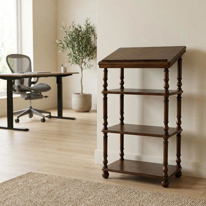 Traditional Library Stand with Storage, Wood Writing Desk, Vintage Oak
