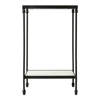 Square Marble Top Side Table with Shelf, Transitional Accent, Black