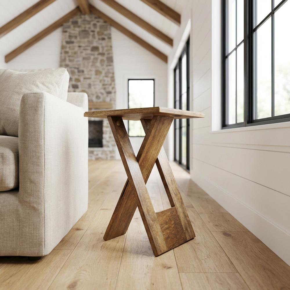 Square Folding Side Table, Transitional Wood Accent Table for Living Room, Brown