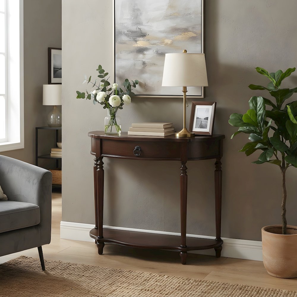 Cherry Veneer Demilune Console Table with Drawer and Display Shelf for Entryway