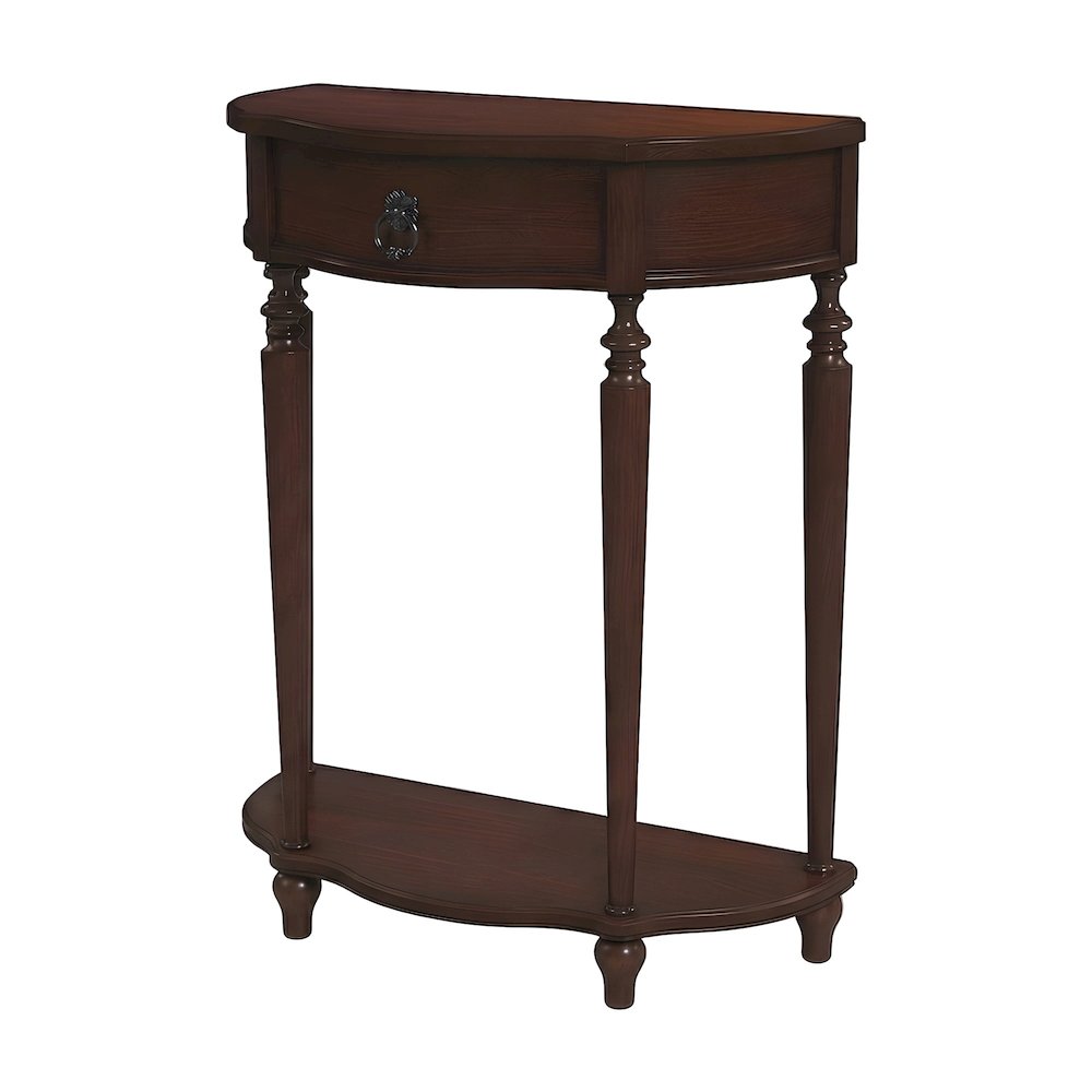 Cherry Veneer Demilune Console Table with Drawer and Display Shelf for Entryway
