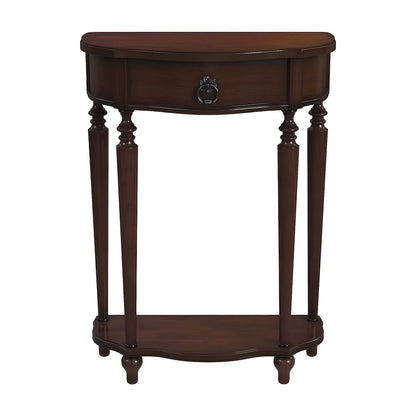 Cherry Veneer Demilune Console Table with Drawer and Display Shelf for Entryway
