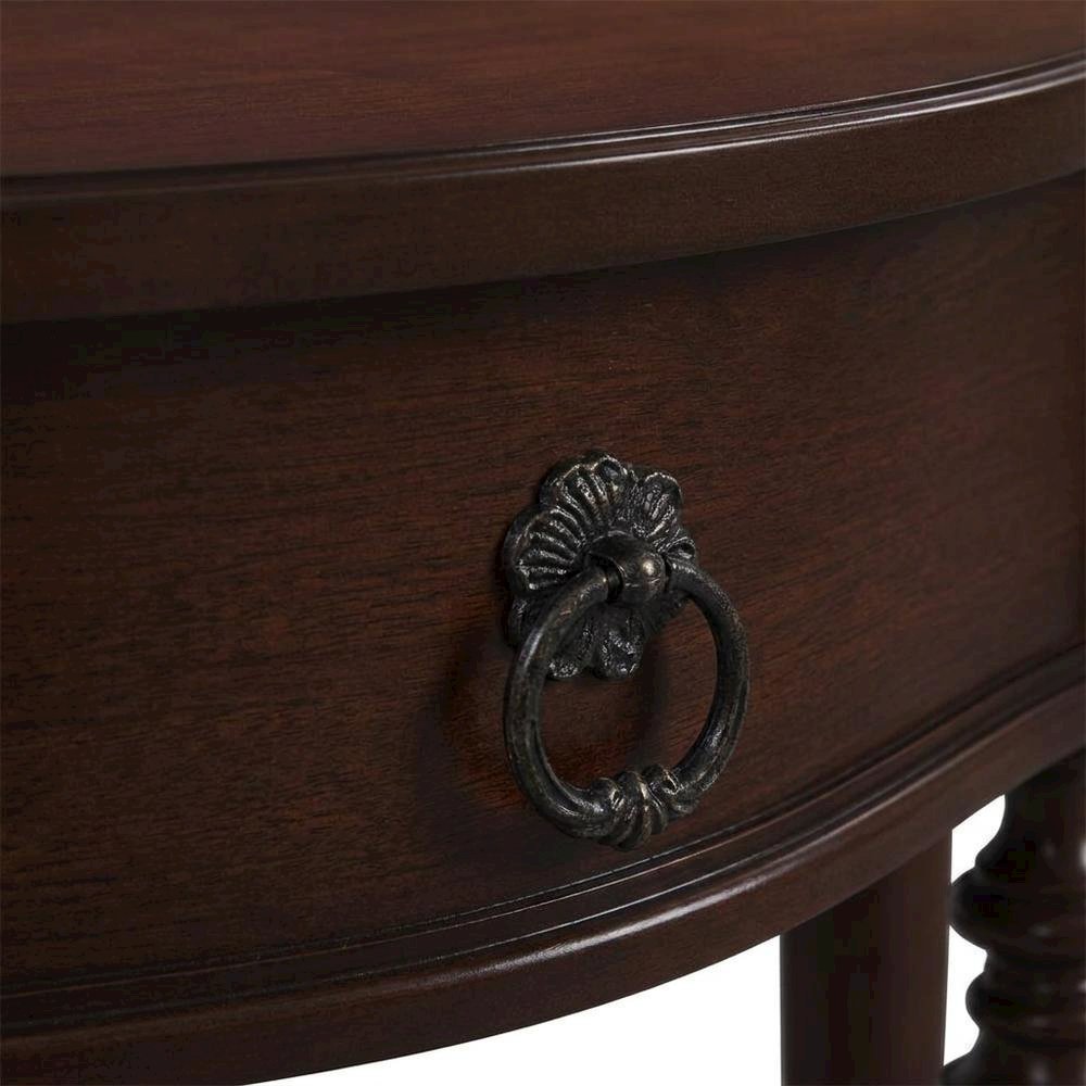 Cherry Veneer Demilune Console Table with Drawer and Display Shelf for Entryway