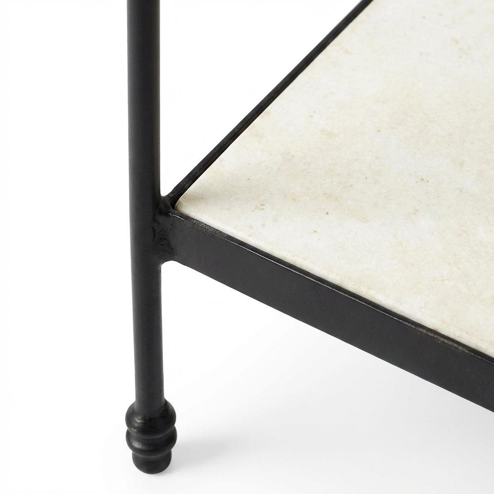 Square Marble Top Side Table with Shelf, Transitional Accent, Black