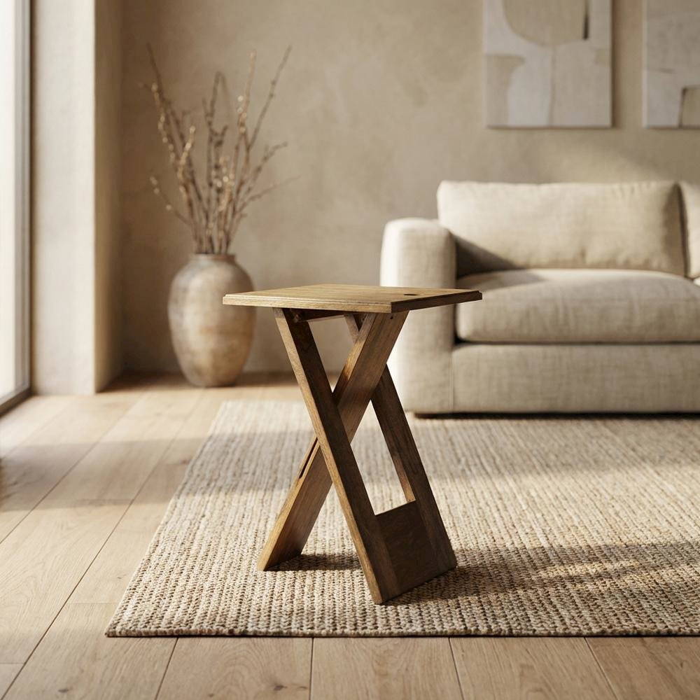 Square Folding Side Table, Transitional Wood Accent Table for Living Room, Brown