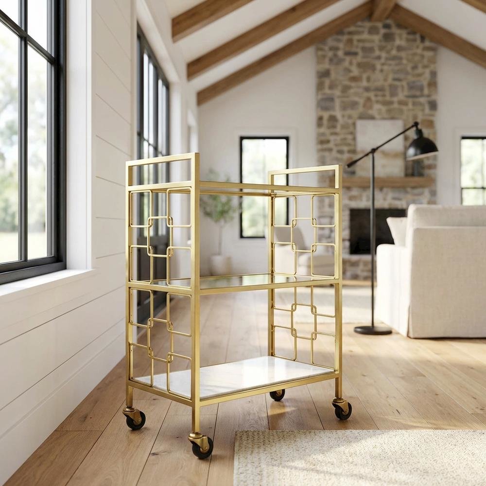 Modern Bar Cart with Distressed Finish, Contemporary Serving Cart for Home Bar