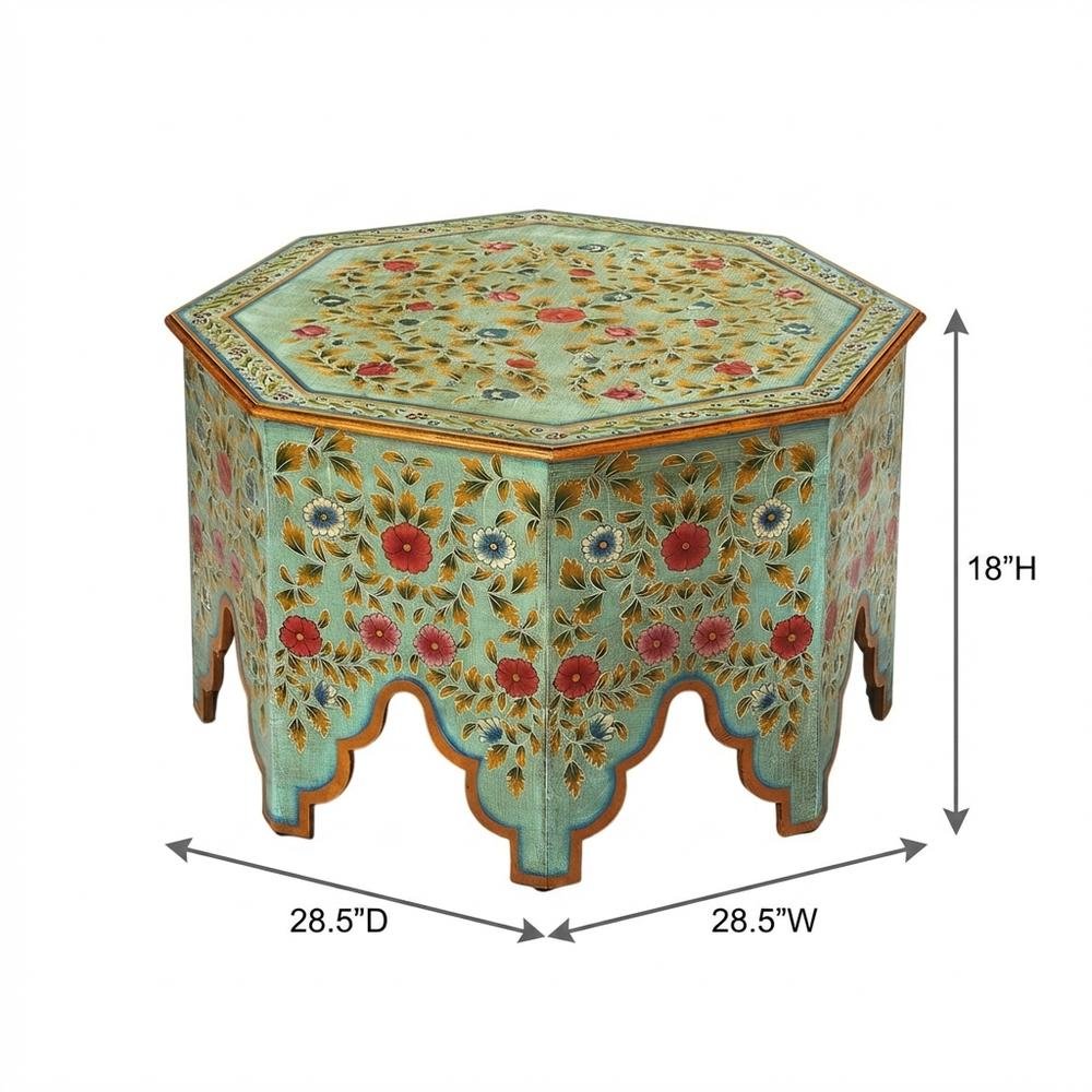 Octagonal Hand Painted Coffee Table, Boho Eclectic Accent Table for Living Room