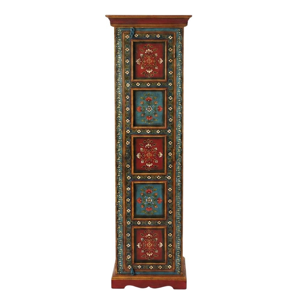 Hand Painted Tall Storage Cabinet, Boho Eclectic Accent Cabinet for Living Room