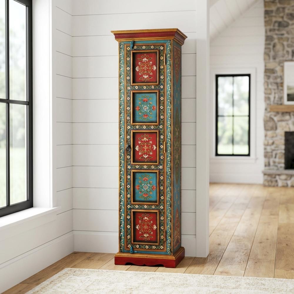 Hand Painted Tall Storage Cabinet, Boho Eclectic Accent Cabinet for Living Room
