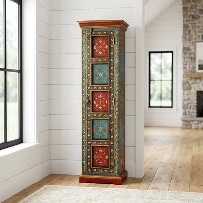Hand Painted Tall Storage Cabinet, Boho Eclectic Accent Cabinet for Living Room