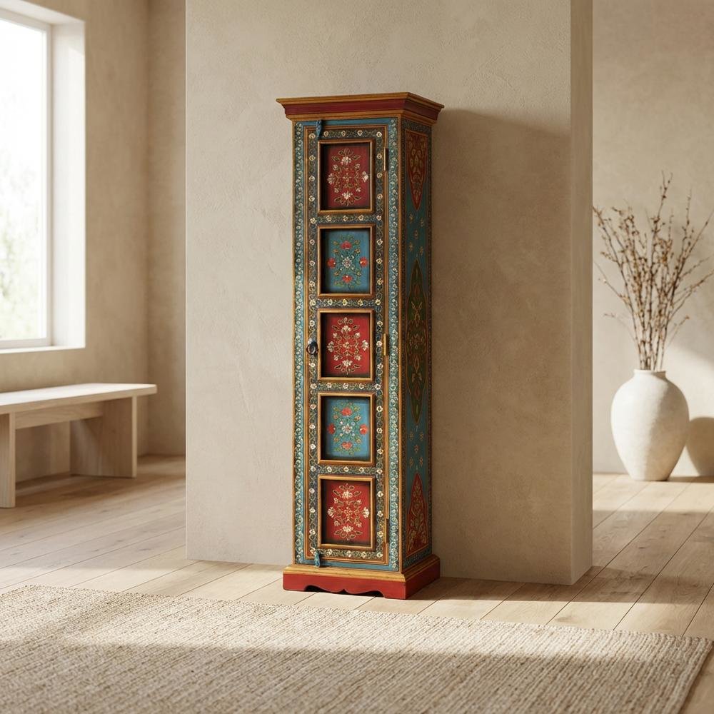 Hand Painted Tall Storage Cabinet, Boho Eclectic Accent Cabinet for Living Room