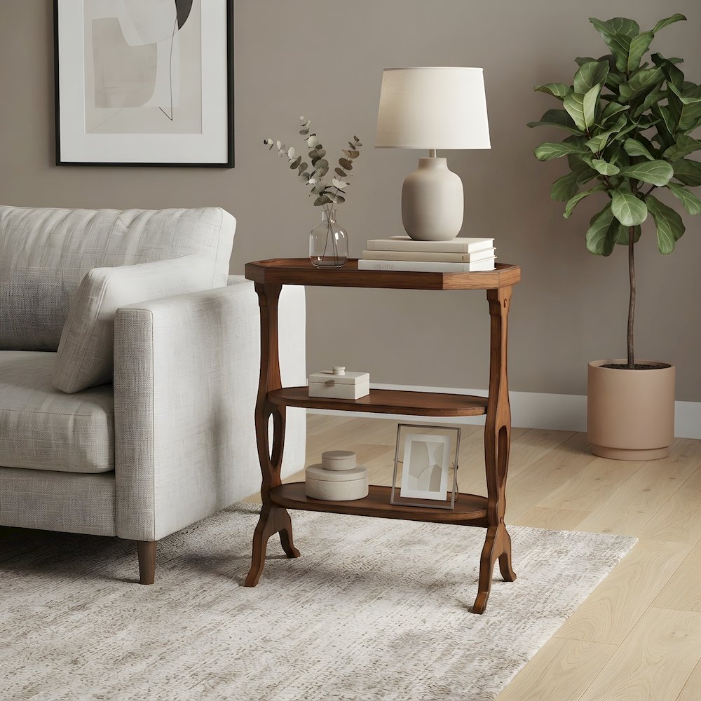 Cherry Veneer Octagonal 3-Shelf Side Table with Distressed Finish