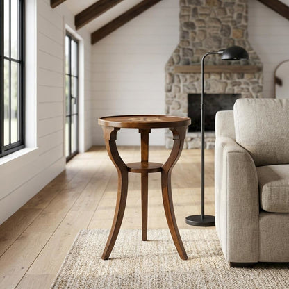 Round Accent Side Table, Traditional Distressed End Table, Olive Ash