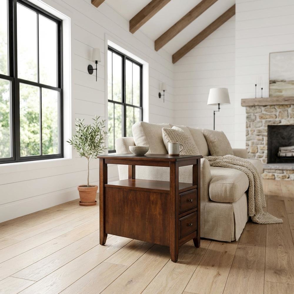 Chairside End Table with 2 Drawers, Transitional Side Table for Living Room