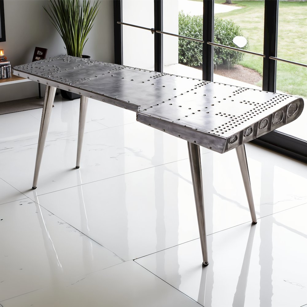 Silver Aviation-Style Desk with Aluminum Finish and Durable Steel Frame