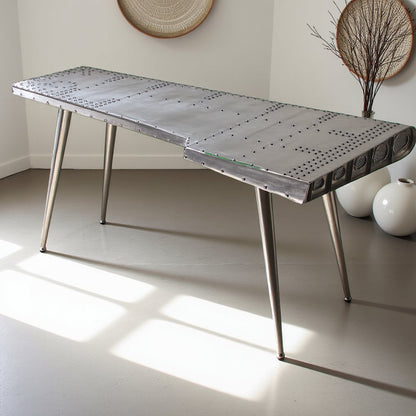 Silver Aviation-Style Desk with Aluminum Finish and Durable Steel Frame