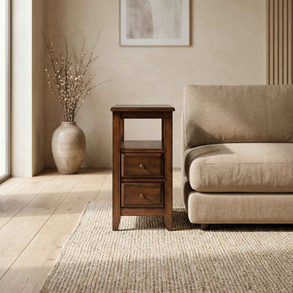 Chairside End Table with 2 Drawers, Transitional Side Table for Living Room