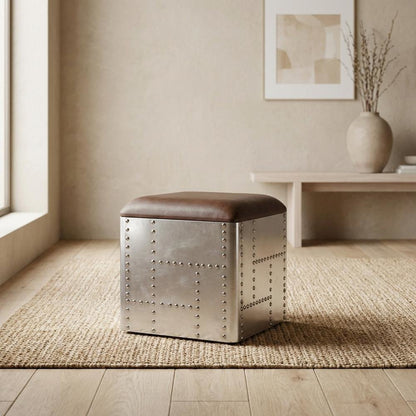 Square Industrial Ottoman Footstool with Distressed Finish for Living Room