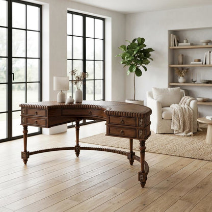 Dark Brown Office Desk With Multiple Drawers And Distressed Finish