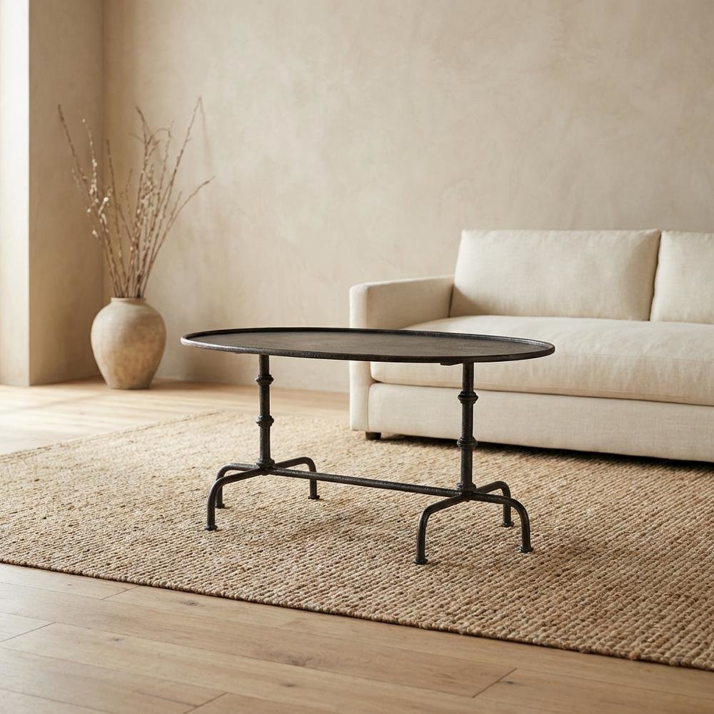 Oval Industrial Coffee Table, Distressed Metal Cocktail Table for Living Room
