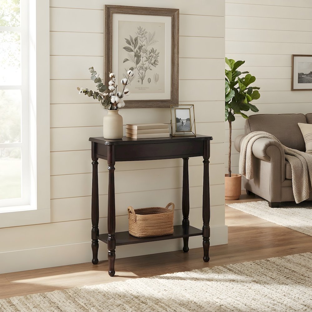 Birch Veneer Console Table with Distressed Finish and Turned Legs for Entryway