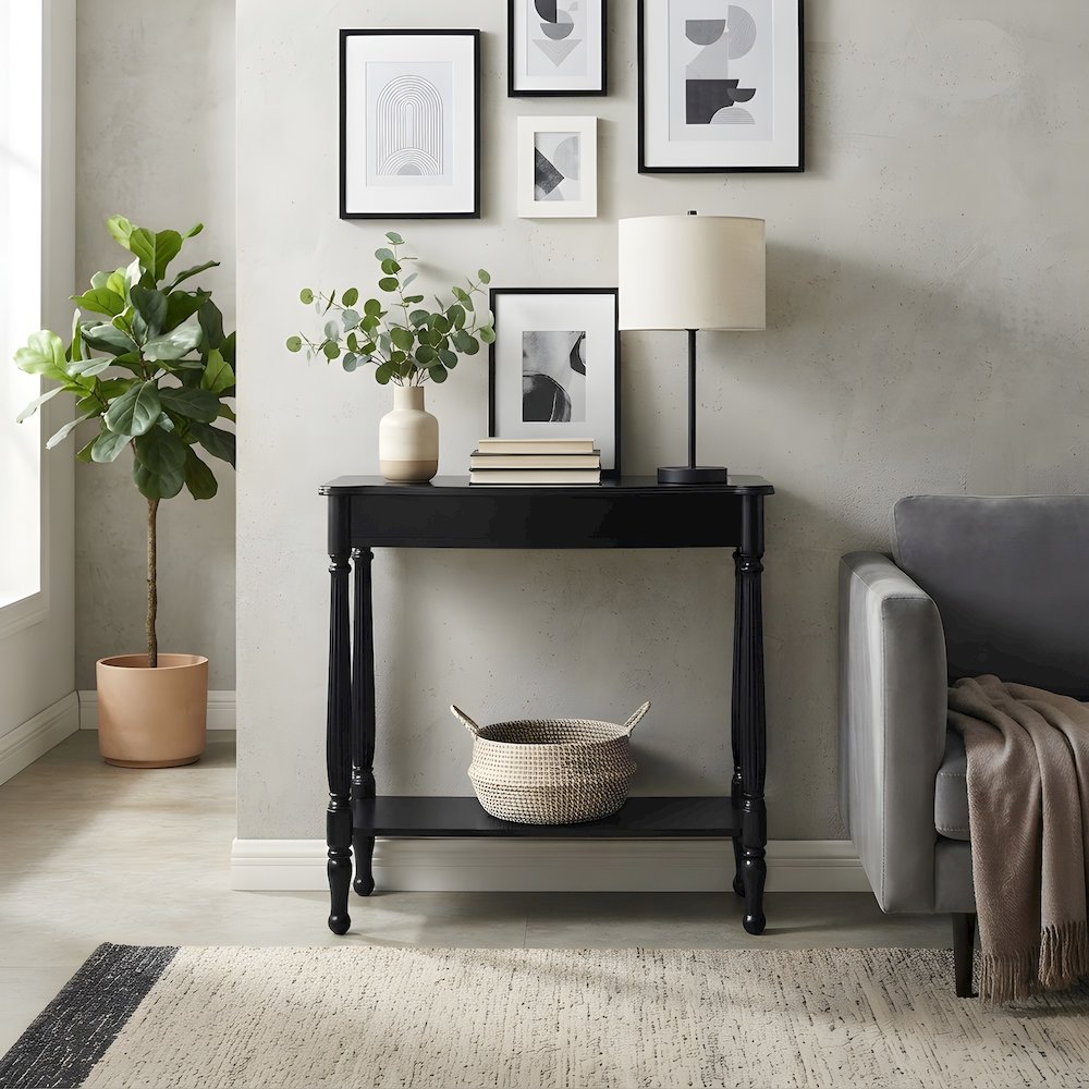 Birch Veneer Console Table with Distressed Finish and Turned Legs for Entryway