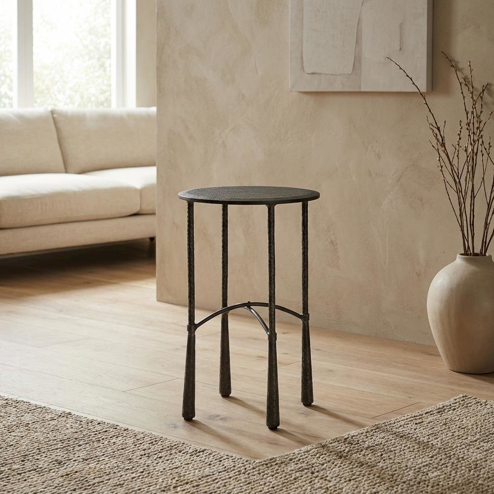 Round Side Table with Distressed Finish, Industrial Accent Table for Living Room