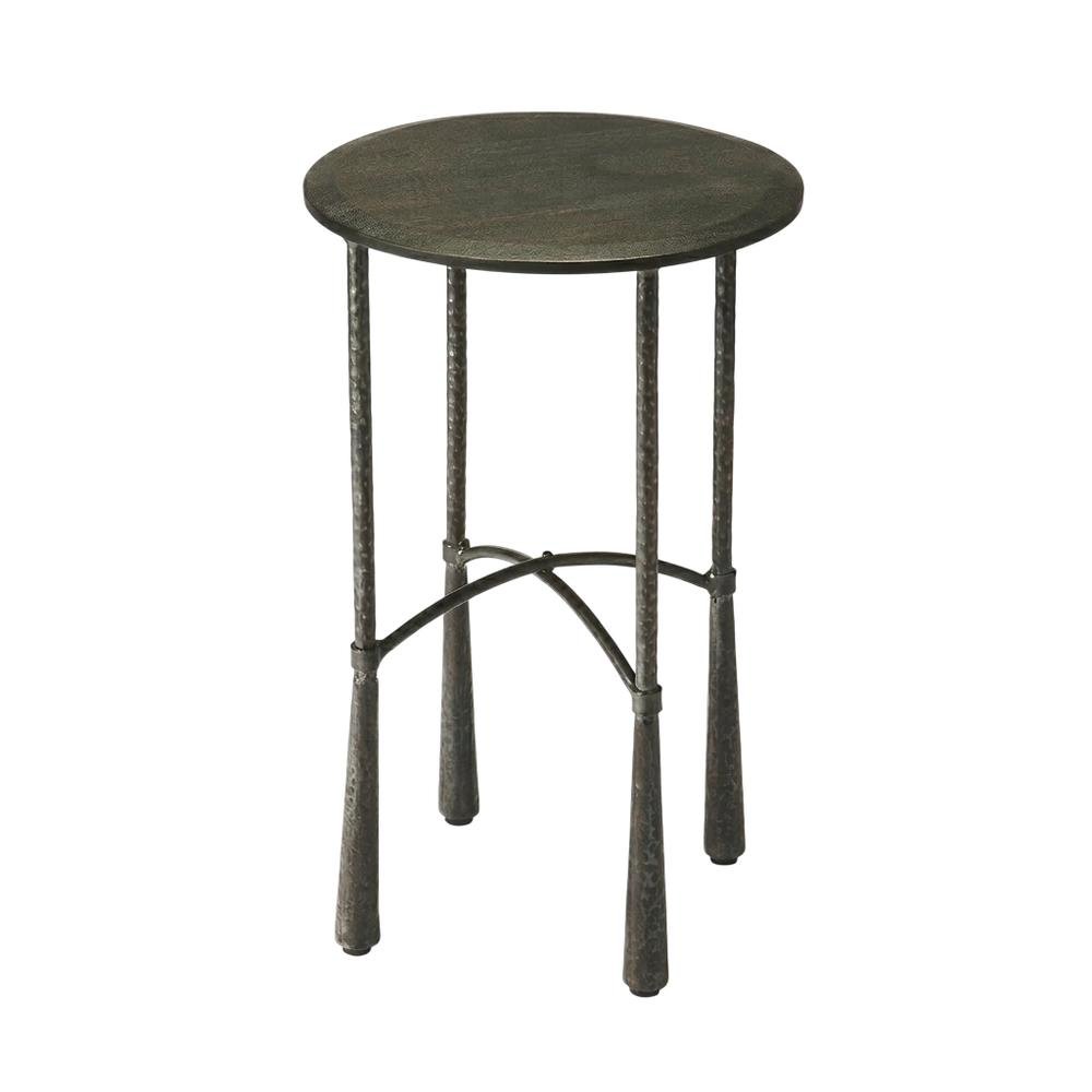 Round Side Table with Distressed Finish, Industrial Accent Table for Living Room