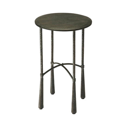 Round Side Table with Distressed Finish, Industrial Accent Table for Living Room