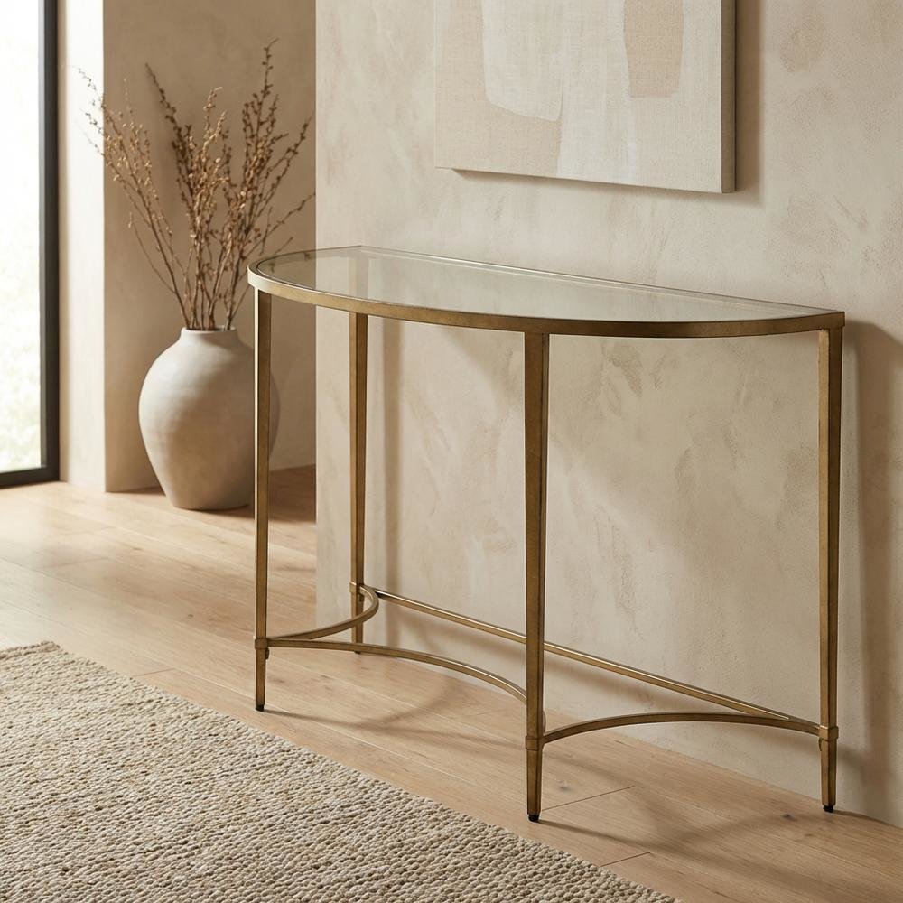 Demilune Console Table with Glass Top, Modern Contemporary Entryway Accent Table