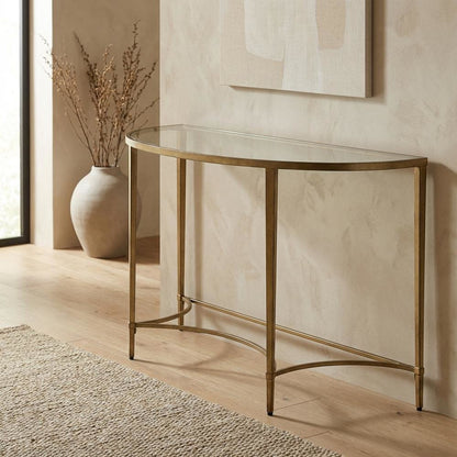 Demilune Console Table with Glass Top, Modern Contemporary Entryway Accent Table