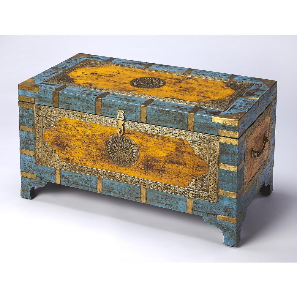 Multicolor Hand-Painted Wooden Storage Trunk Coffee Table with Brass Inlay