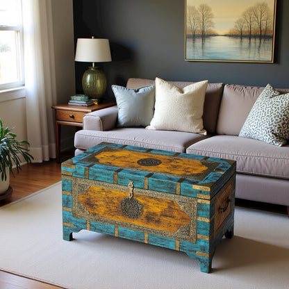 Multicolor Hand-Painted Wooden Storage Trunk Coffee Table with Brass Inlay
