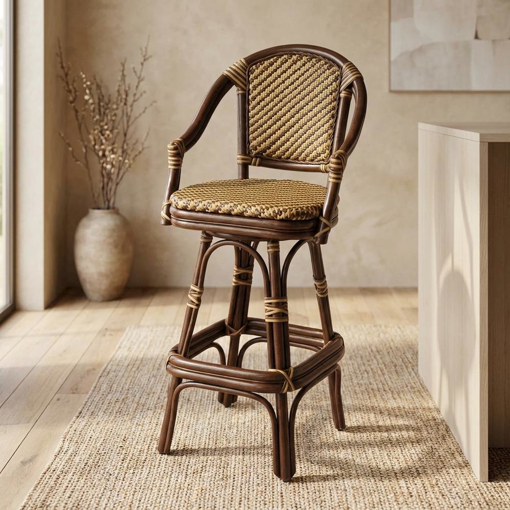 Rattan Bar Stool with Full Back, Transitional Counter Stool for Kitchen