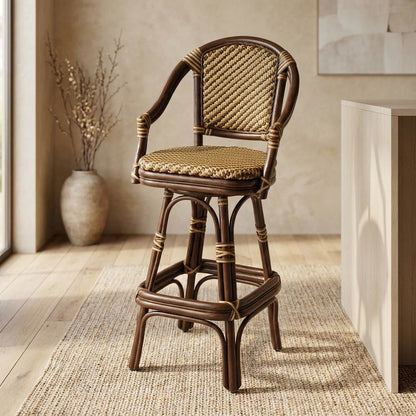 Rattan Bar Stool with Full Back, Transitional Counter Stool for Kitchen
