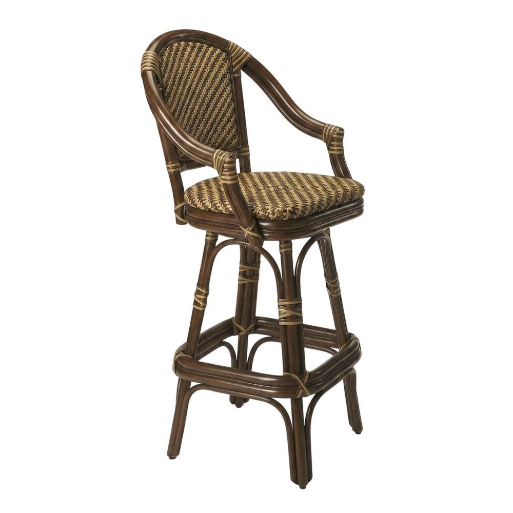 Rattan Bar Stool with Full Back, Transitional Counter Stool for Kitchen