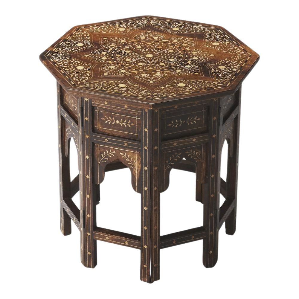 Vintage Side Table in Brown – Antique Side Table with Bone Inlay Design