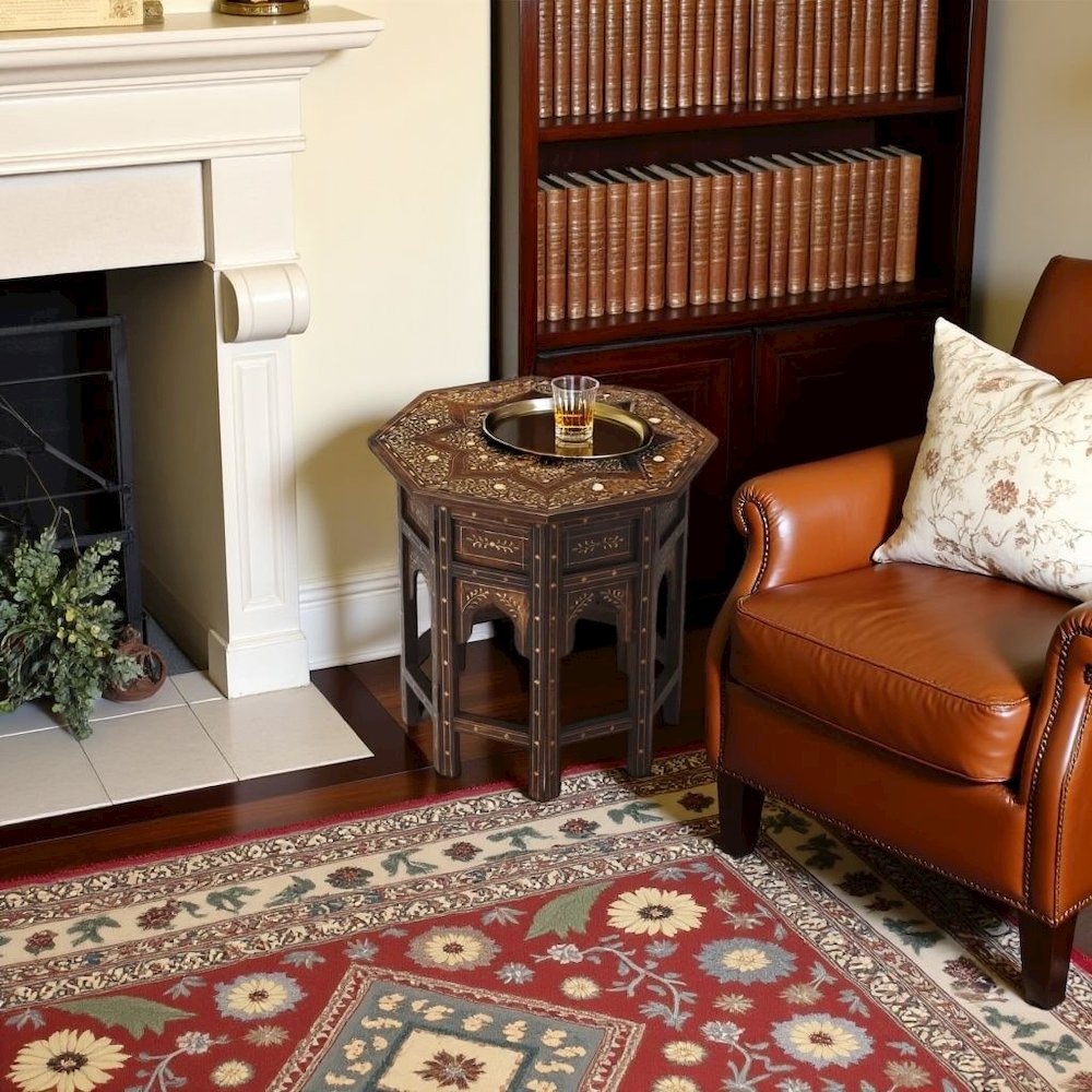 Vintage Side Table in Brown – Antique Side Table with Bone Inlay Design