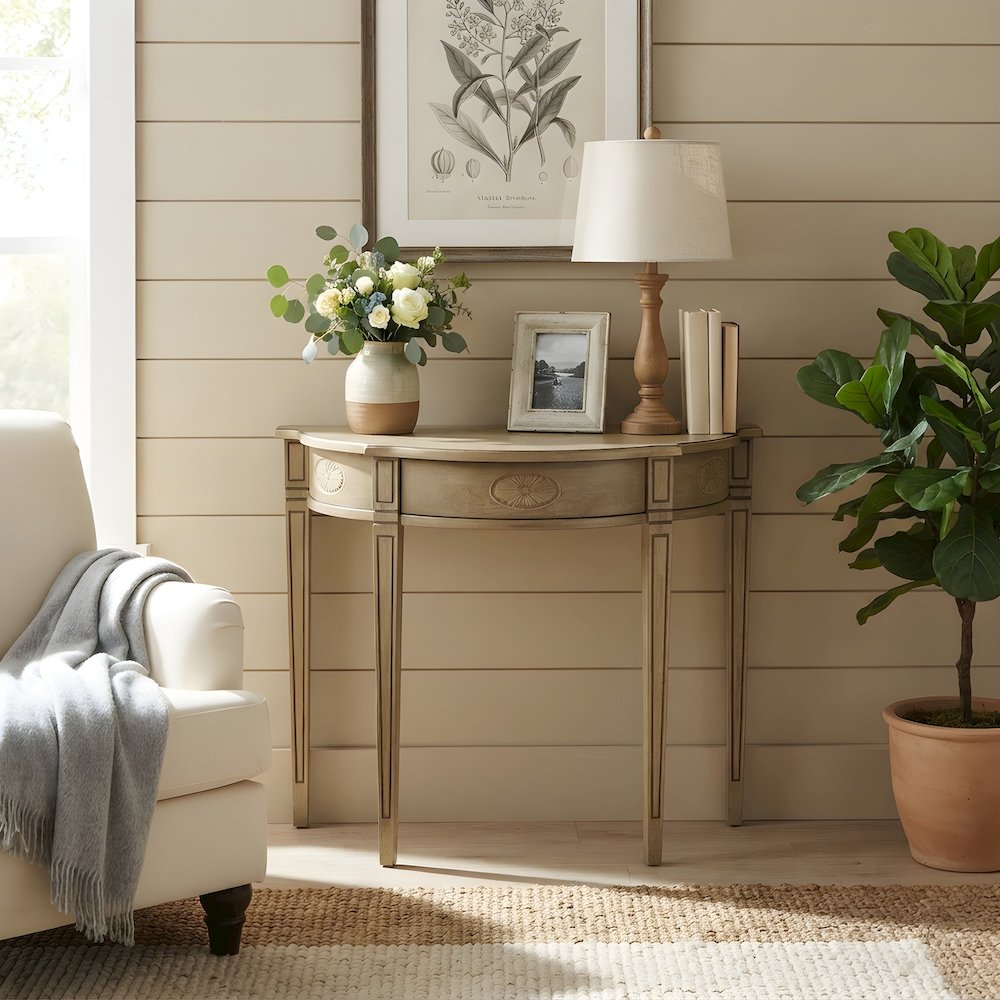 Solid Wood Demilune Console Table with Distressed Finish and Mortise Joinery