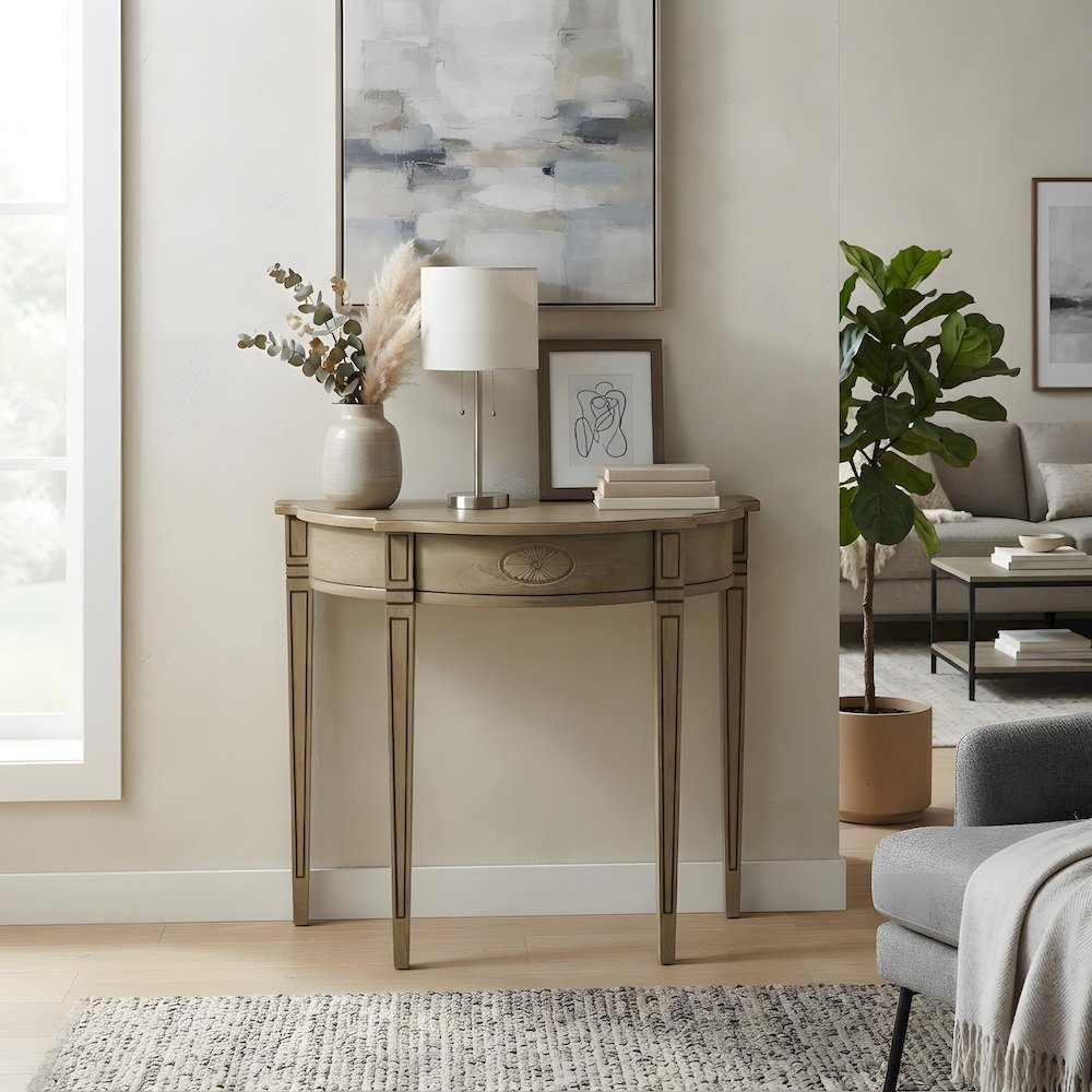 Solid Wood Demilune Console Table with Distressed Finish and Mortise Joinery
