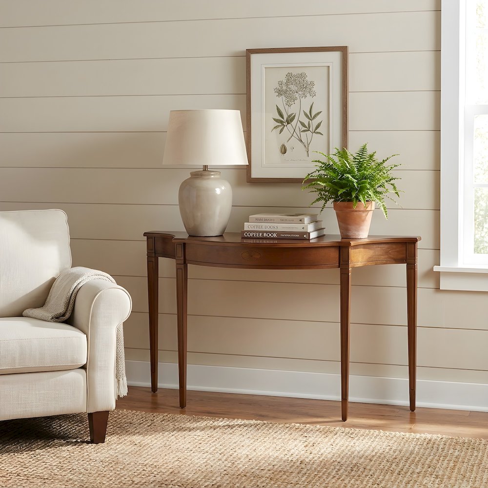 Rubberwood Demilune Console Table with Distressed Finish for Entryway