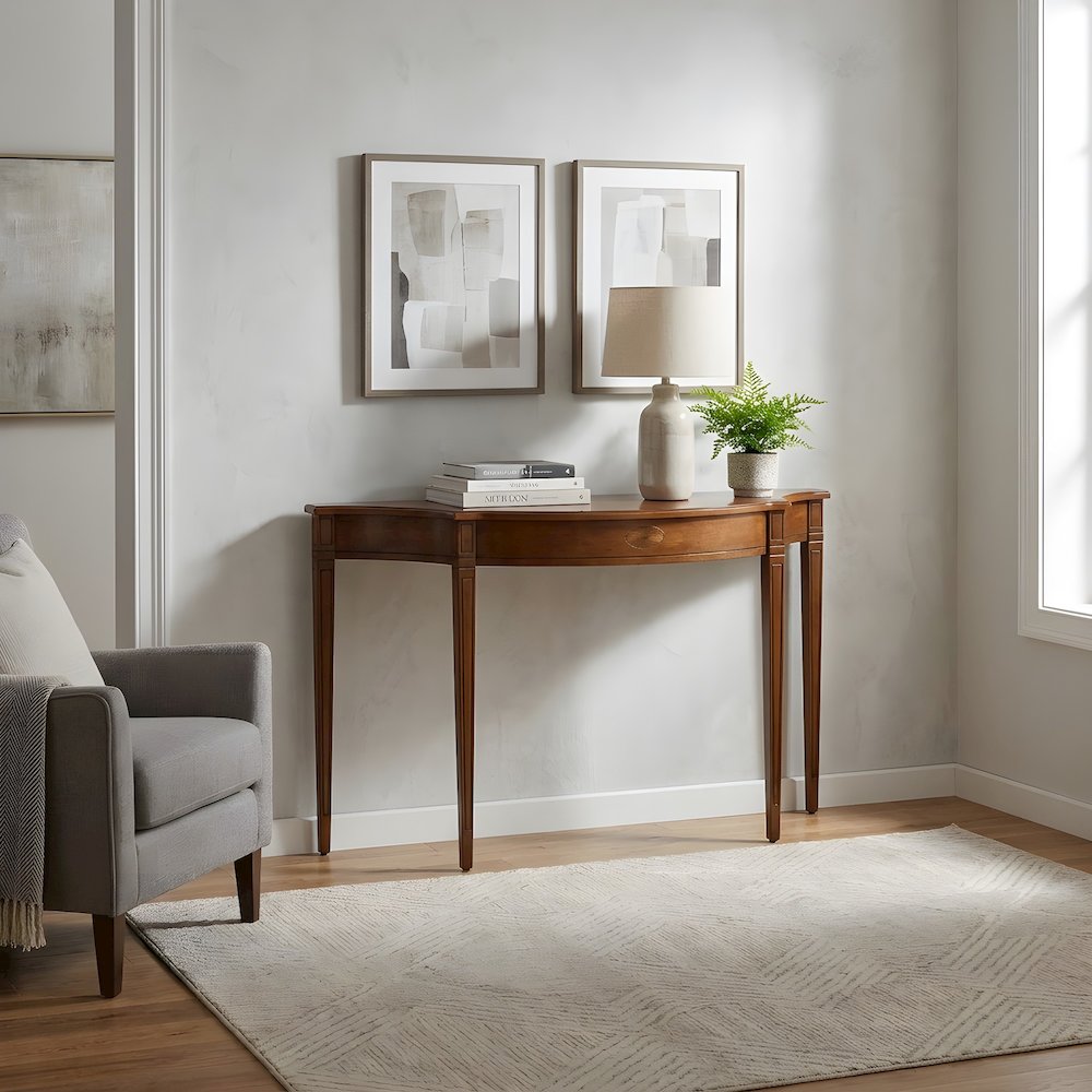 Rubberwood Demilune Console Table with Distressed Finish for Entryway
