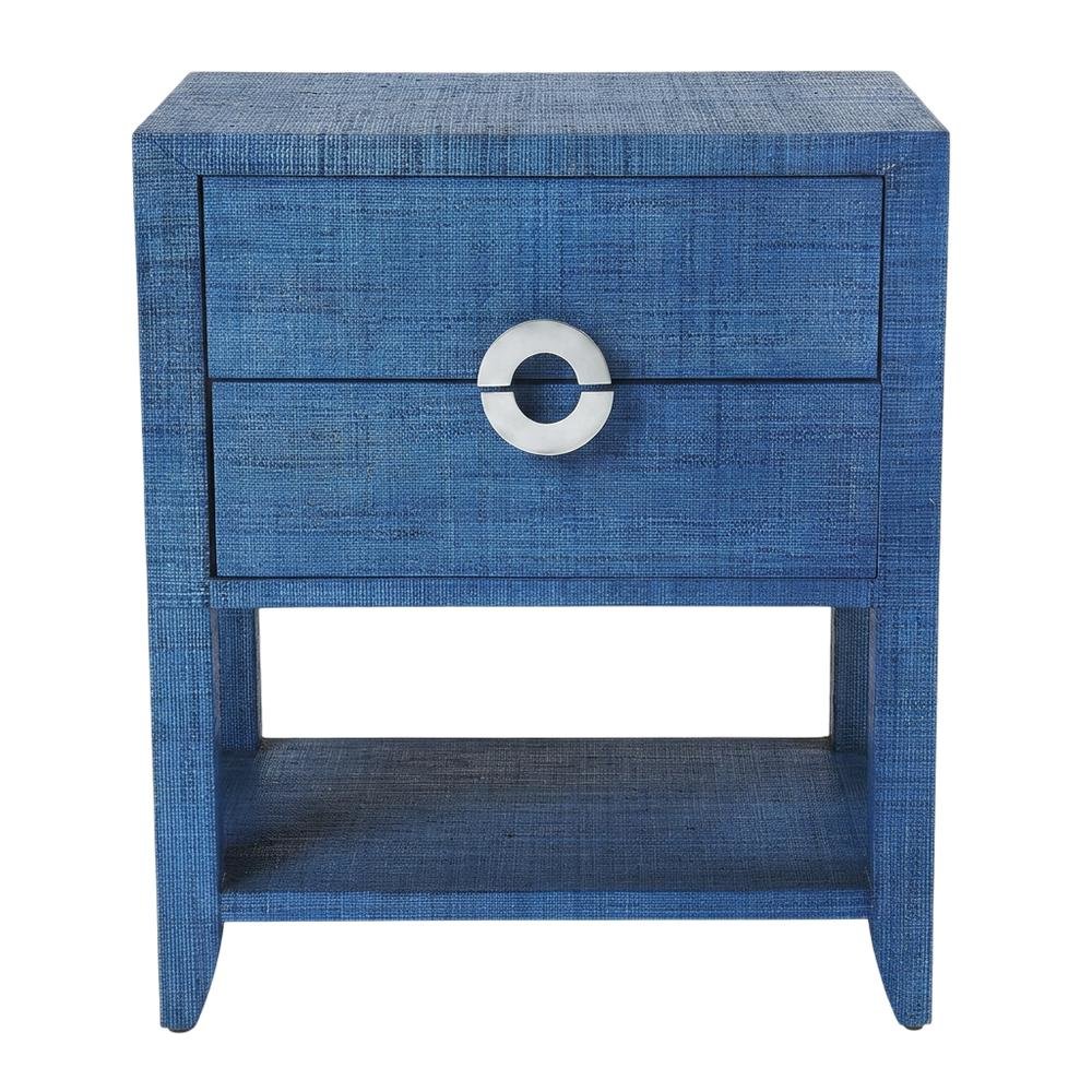 Raffia Nightstand with 2 Drawers, Coastal Bedside End Table for Bedroom, Blue