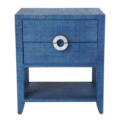 Raffia Nightstand with 2 Drawers, Coastal Bedside End Table for Bedroom, Blue