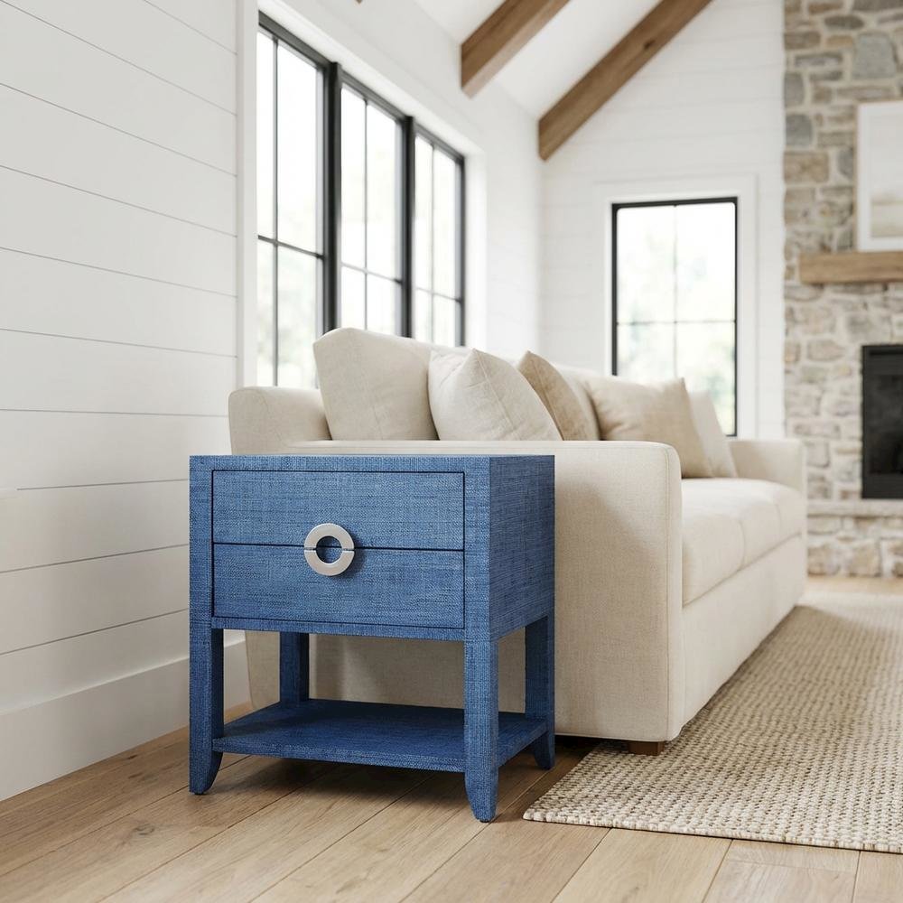 Raffia Nightstand with 2 Drawers, Coastal Bedside End Table for Bedroom, Blue