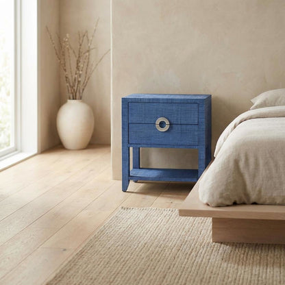 Raffia Nightstand with 2 Drawers, Coastal Bedside End Table for Bedroom, Blue