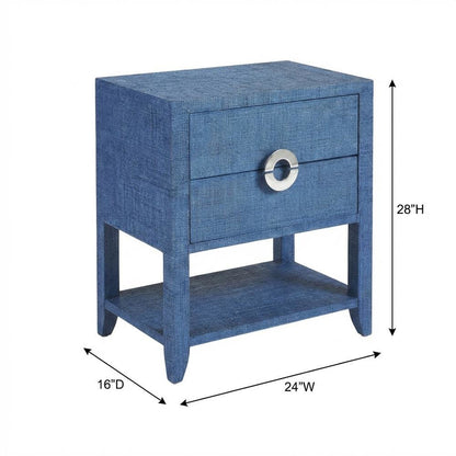 Raffia Nightstand with 2 Drawers, Coastal Bedside End Table for Bedroom, Blue