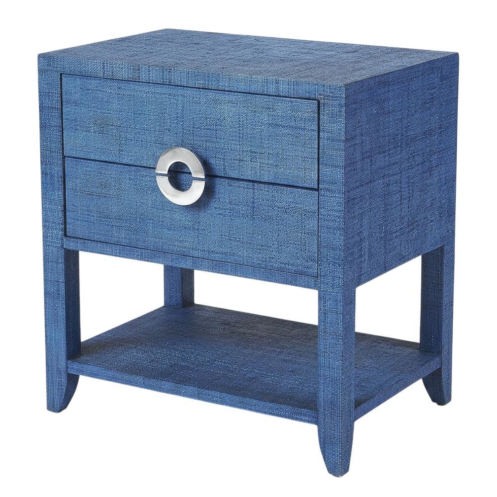 Raffia Nightstand with 2 Drawers, Coastal Bedside End Table for Bedroom, Blue